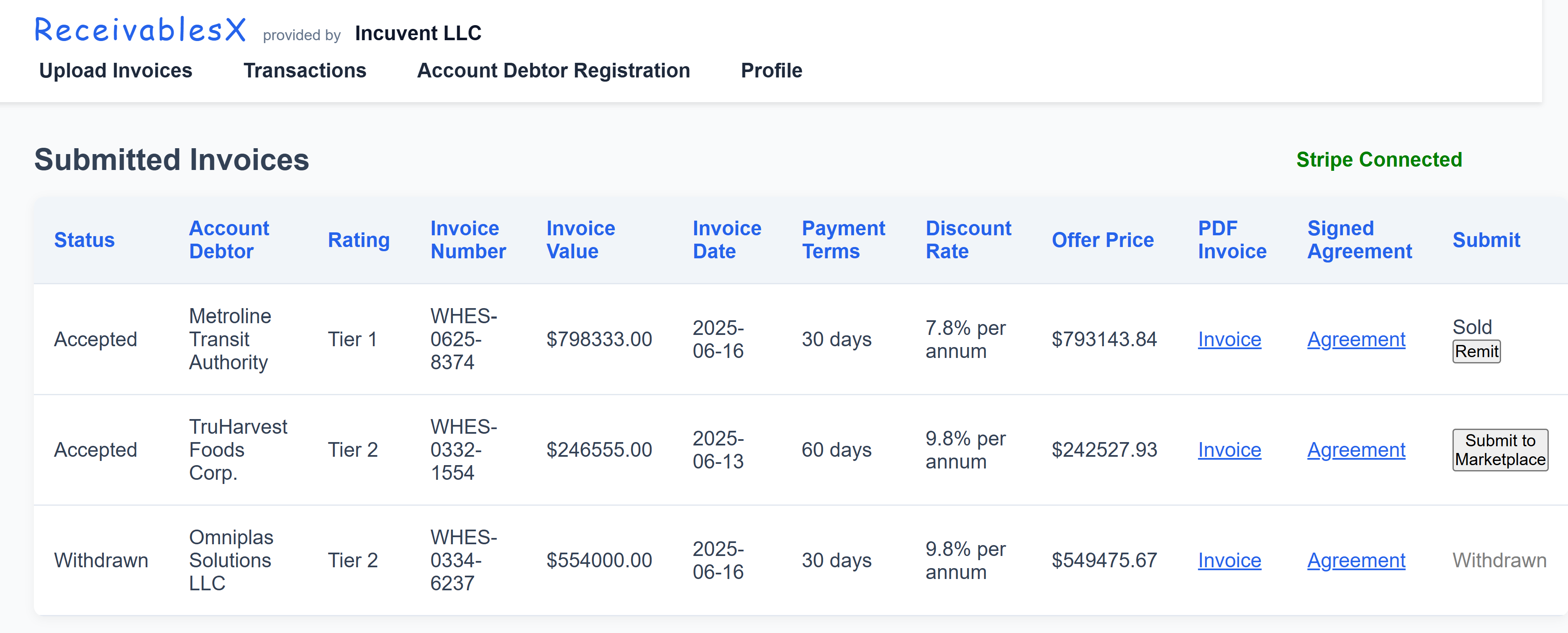 Submitted Invoices Screenshot